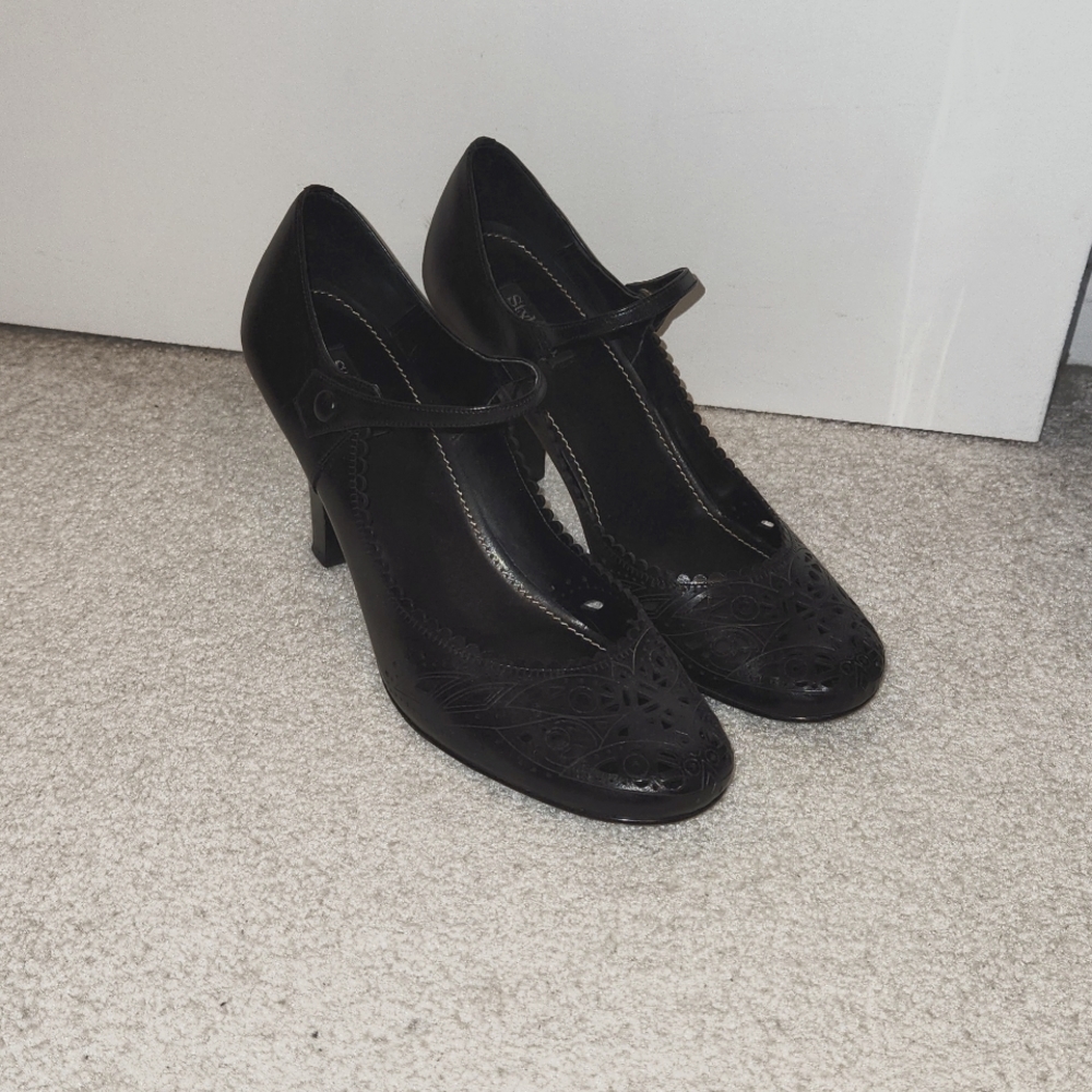 Style & Co. Leather Heels- Black with strap, decorative cutouts, 3 in heel
